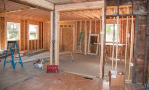 A remodeled basement with comfy seating, bright lighting, and a play area for kids and adults.